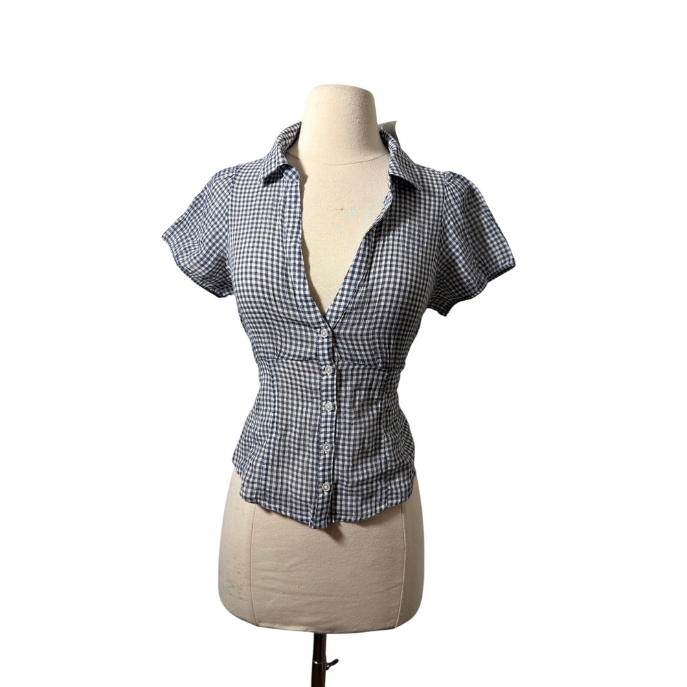 American Eagle Blue Gingham Plaid Tie Back Short Sleeve Button Up Top Medium